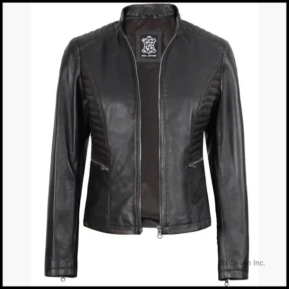 Lambskin Leather Jacket Women Cafe Racer Style Distressed Brown